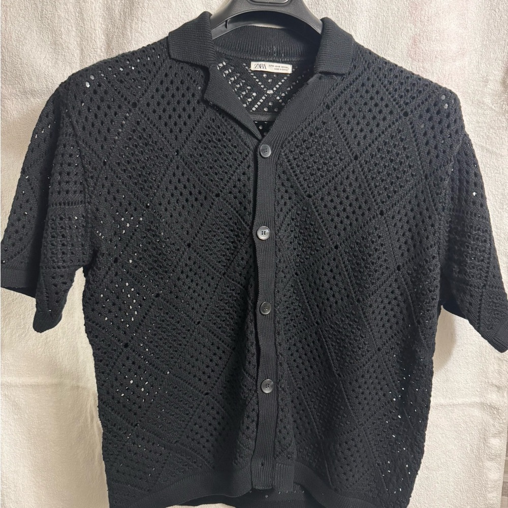 Zara Black Openwork Short-Sleeve Button-Up Cardigan